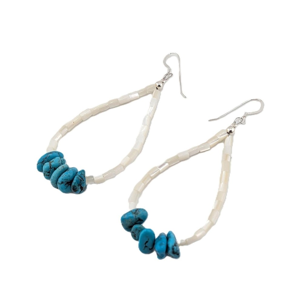 Handmade Santo Domingo Mother of Pearl & Turquoise Dangle Earrings 3.5" Drop**